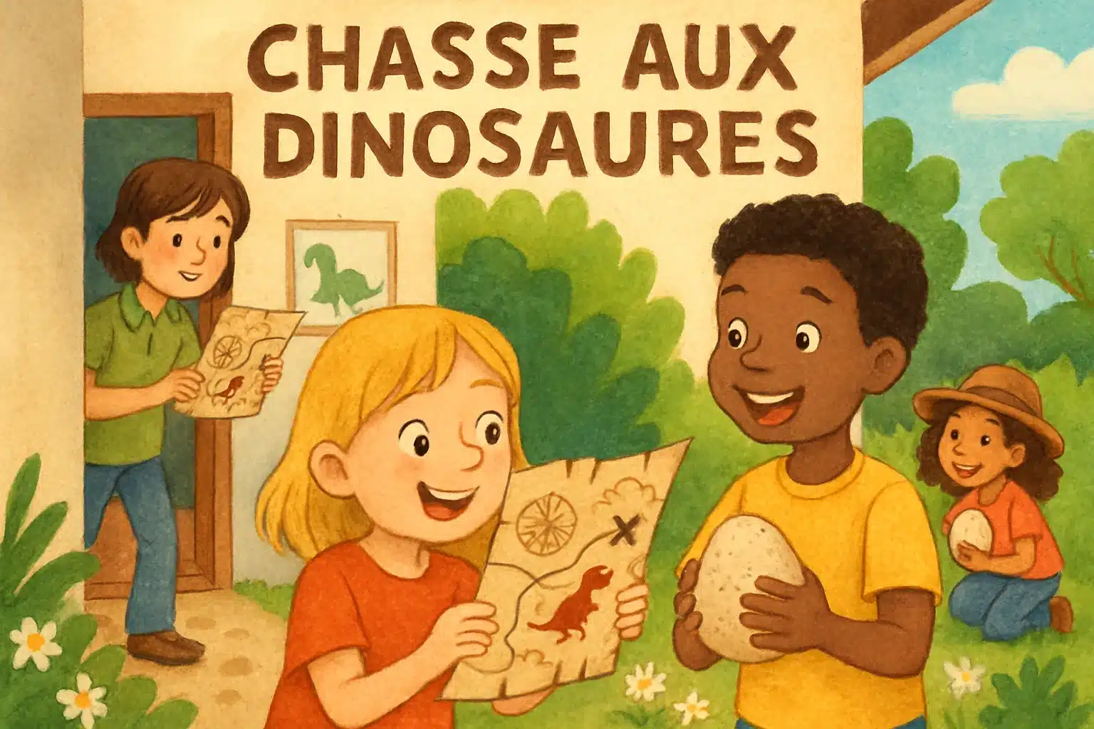 Des enfants participant à une chasse au trésor dinosaure.
