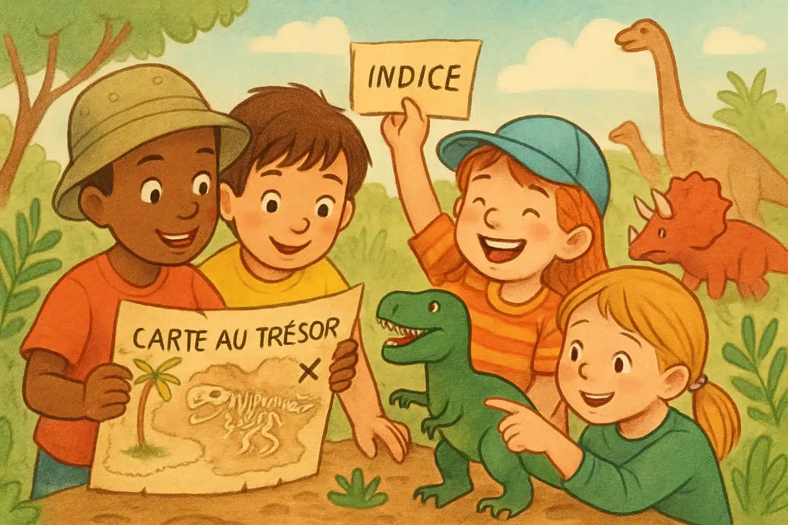 Des enfants participent à une chasse au trésor sur le thème des dinosaures.