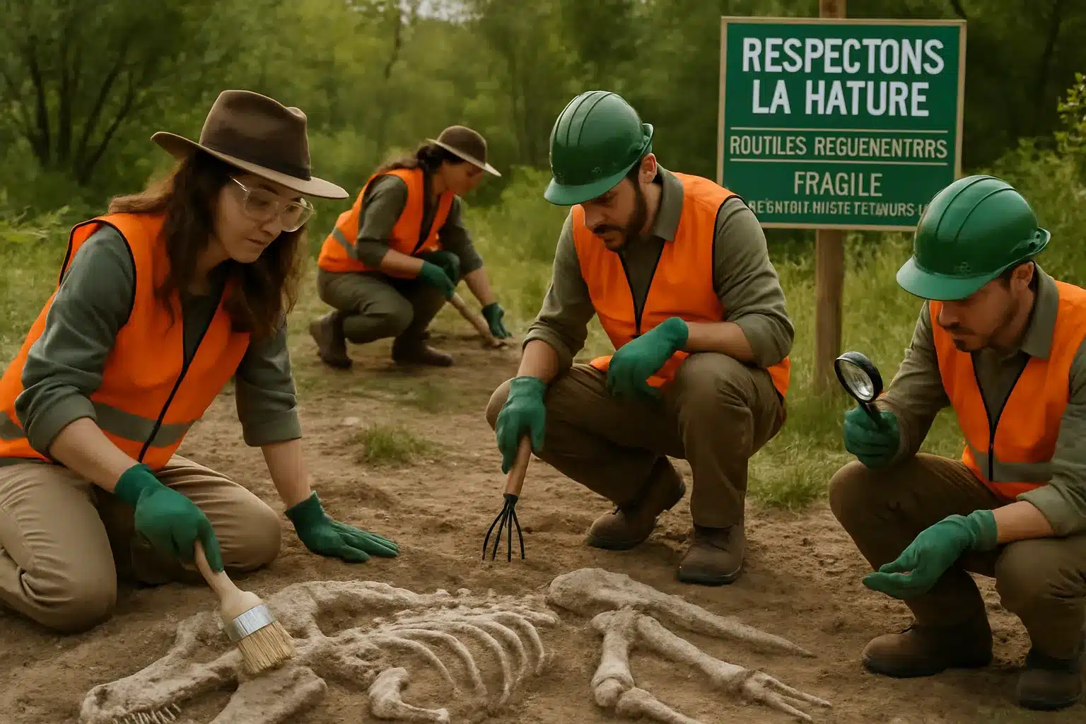 Explorateurs cherchant des fossiles de dinosaures tout en respectant l'environnement.
